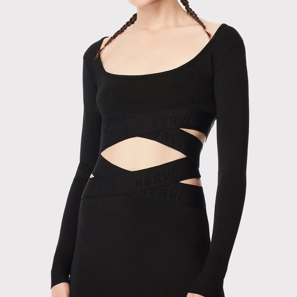 NWT Herve Leger logo LONG SLEEVE SCOOP NECK CROP TOP BLACK SIZE MEDIUM